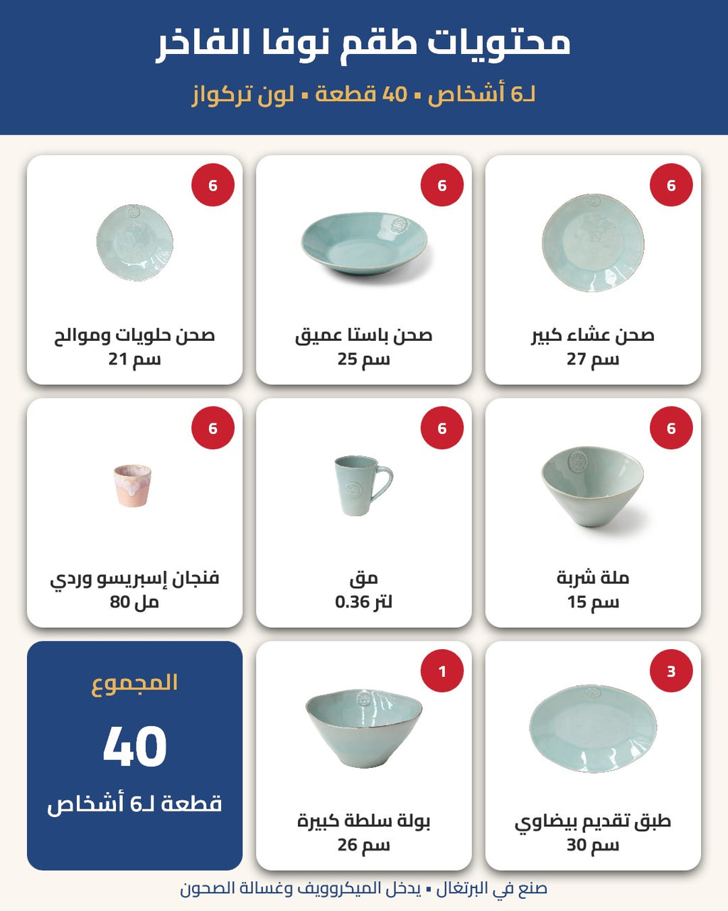 محتويات طقم نوفا 40 قطعة لـ6 أشخاص - الأعداد والمقاسات